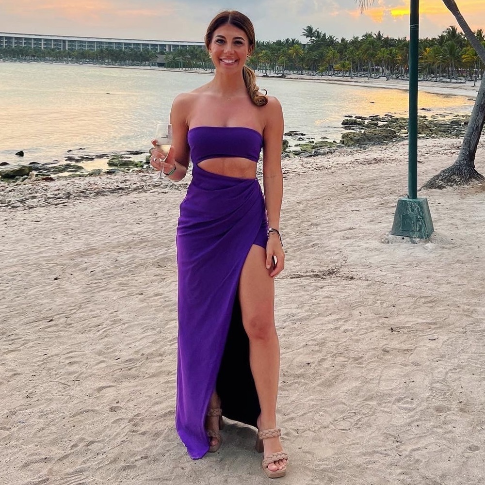 Lovers and friends full length, high slit, cut out purple gown!